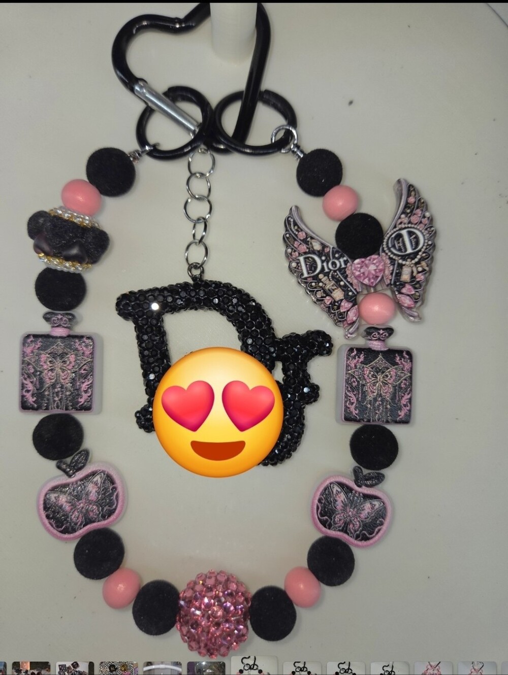 Pink and Black Beaded Keychain Charm with Sequin Pendant
